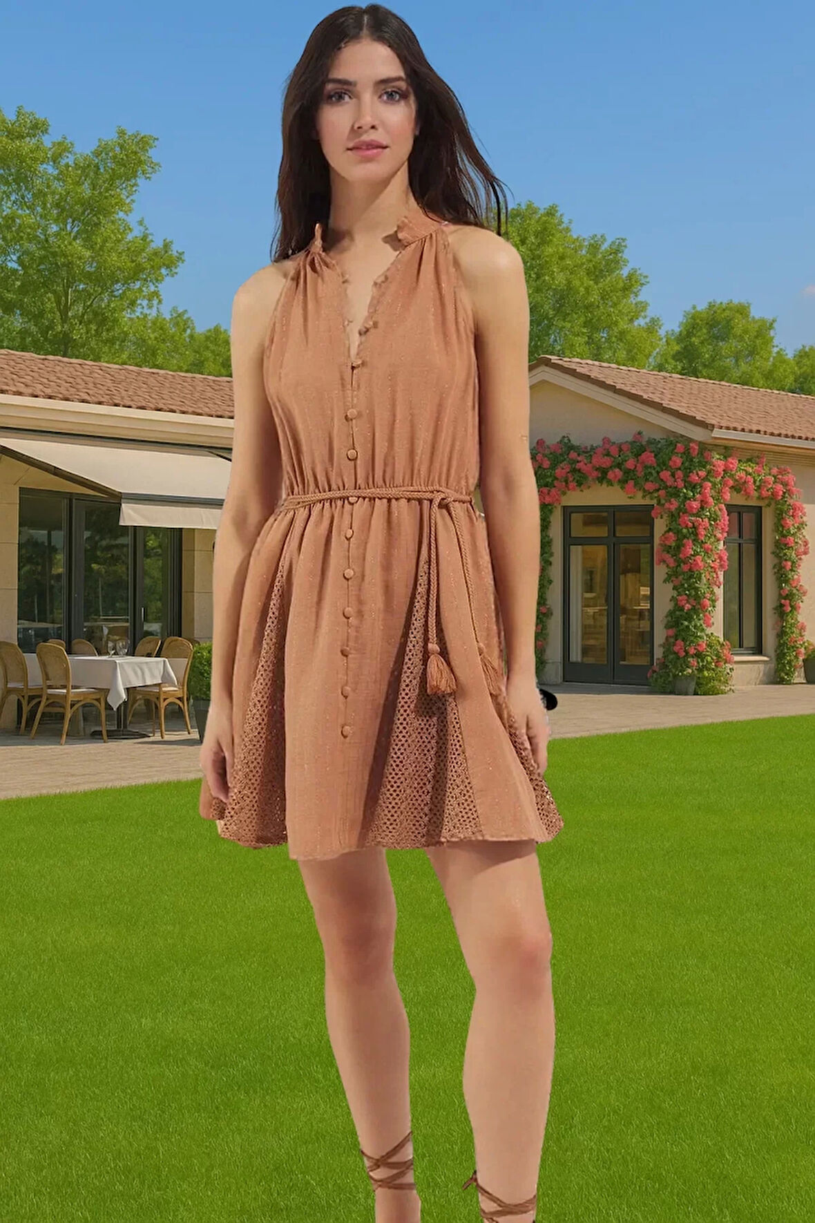 Kadın Müslin Plaj Elbisesi Volanlı Mini Halter Yaka Yazlık Günlük Kullanım İçin Seçkin Malzeme