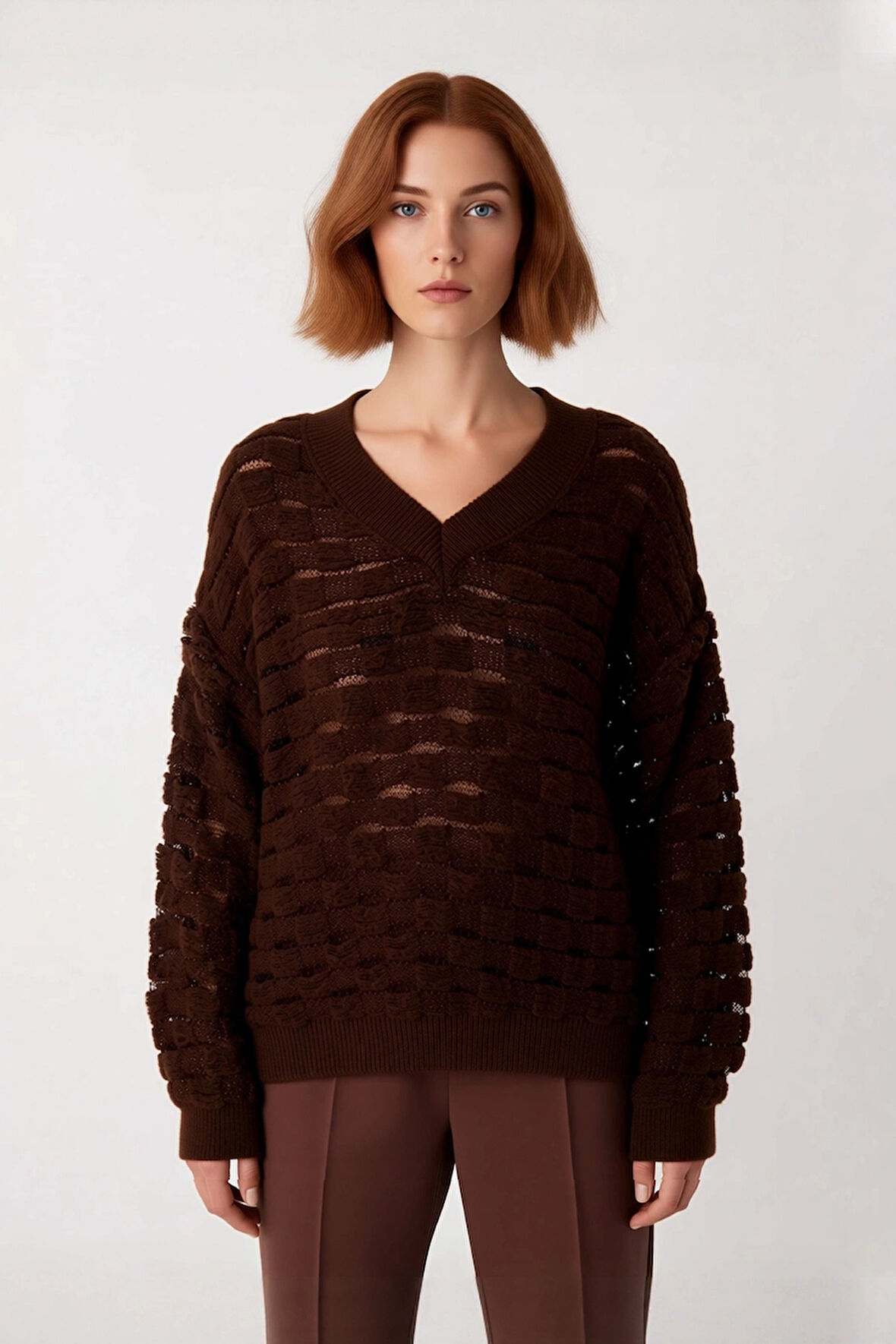 Kadınlara Özel Oversize Dokulu V Yaka Triko Kazak Düşük Kol Rahat Kesim İlkbahar Sonbahar Kaliteli