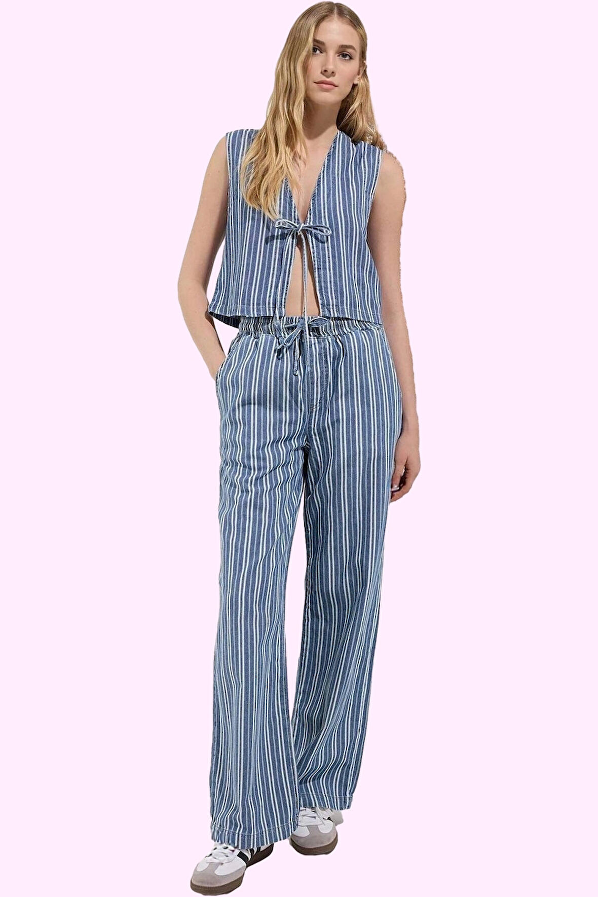 Kadın Çizgili Geniş Paça Pantolon Yüksek Bel Denim Yazlık Günlük Kullanım Kaliteli Malzeme