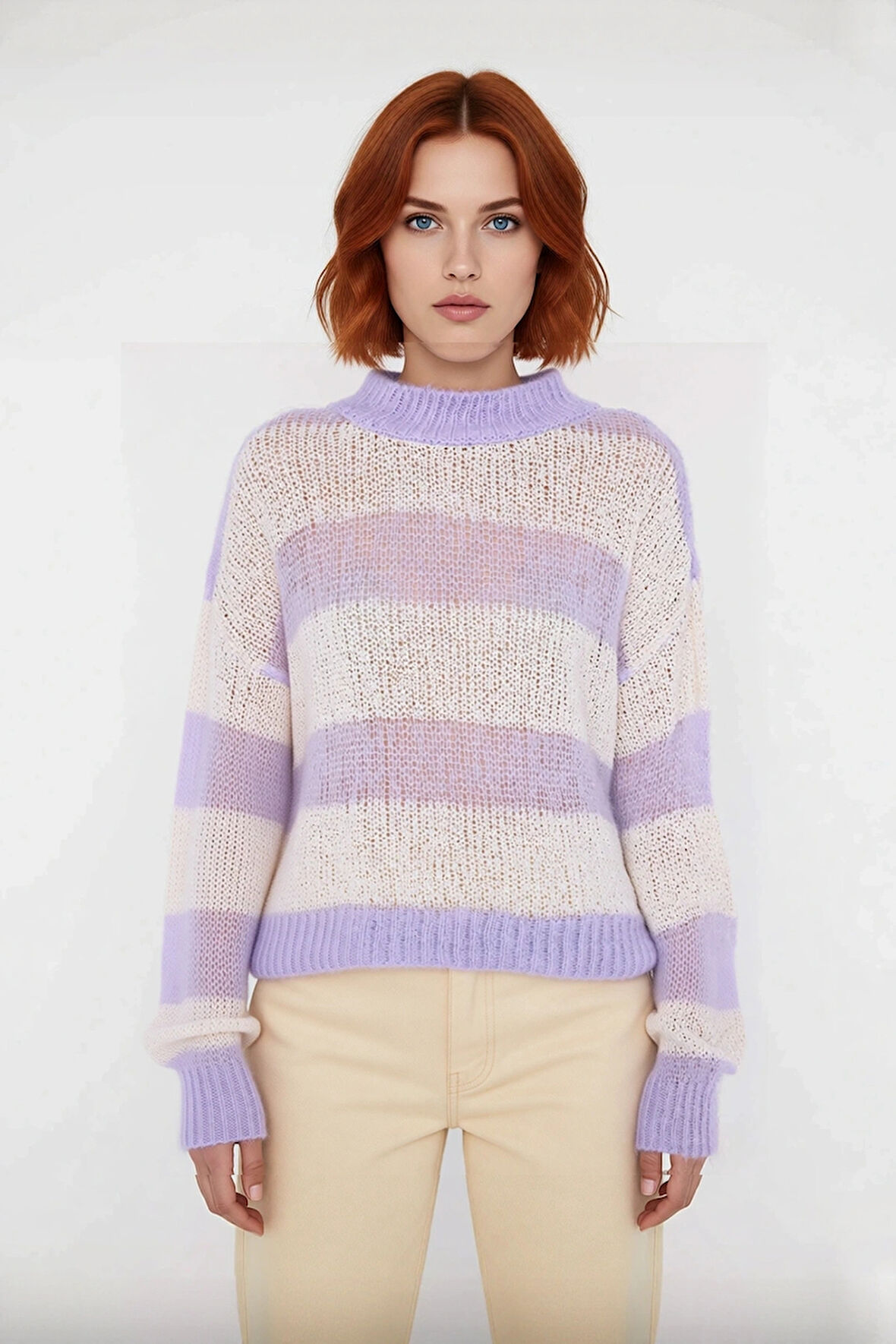 Rahat Kadın Crop Oversize Geniş Kalıp İnce Dokulu Çizgili Bisiklet Yaka Triko Kazak Günlük Kullanım