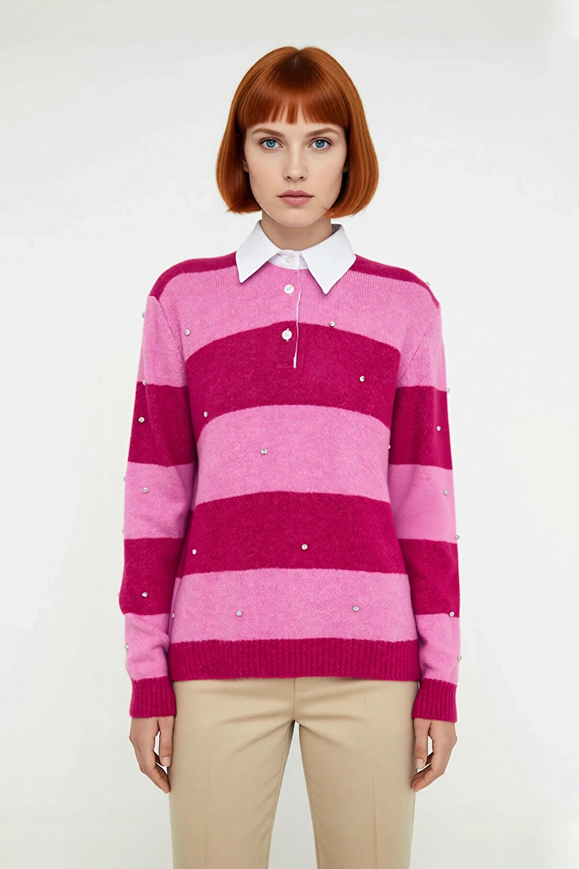 Bayan Yumuşak Dokulu Polo Yaka Çizgili Oversize Triko Kazak Düşük Kol Detaylı Kışlık Casual Şıklık