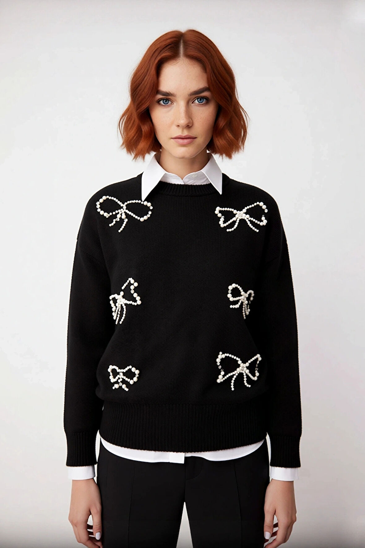 Kadın Şık İncili Fiyonk Detaylı Triko Kazak Regular Kalıp Bisiklet Yaka Standart Kol İlkbahar