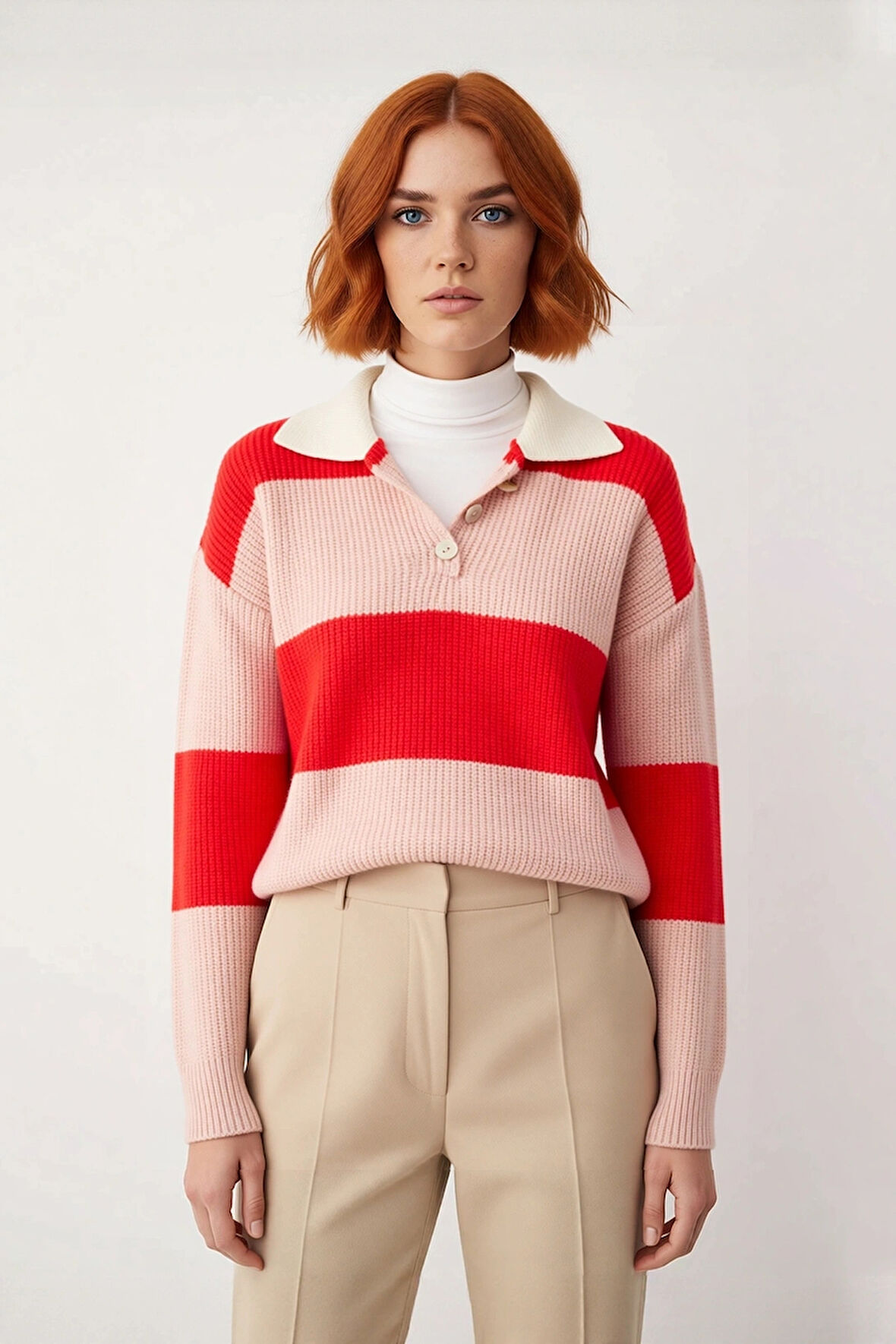 Kadın Rahat Kesim Renk Bloklu Polo Yaka Triko Kazak Soğuk Havalarda Şık ve Konforlu Seçim Kaliteli