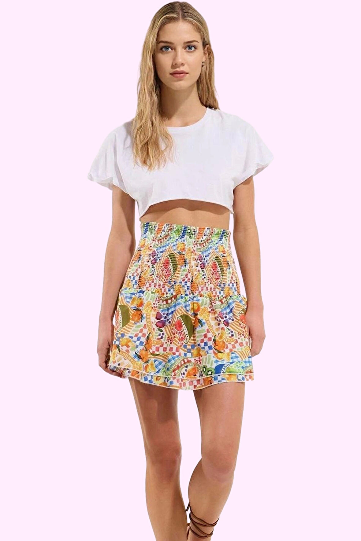 Kadın Çok Meyve Desenli Mini Etek Pamuk Yazlık Casual Günlük Kullanım Yaz Aylarının Vazgeçilmezi