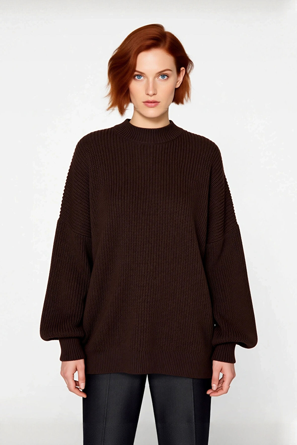 Kadın Oversize Basic Uzun Balon Kol Selanik Dokuma Triko Kazak 100% Akrilik Soğuk Havalar Kaliteli