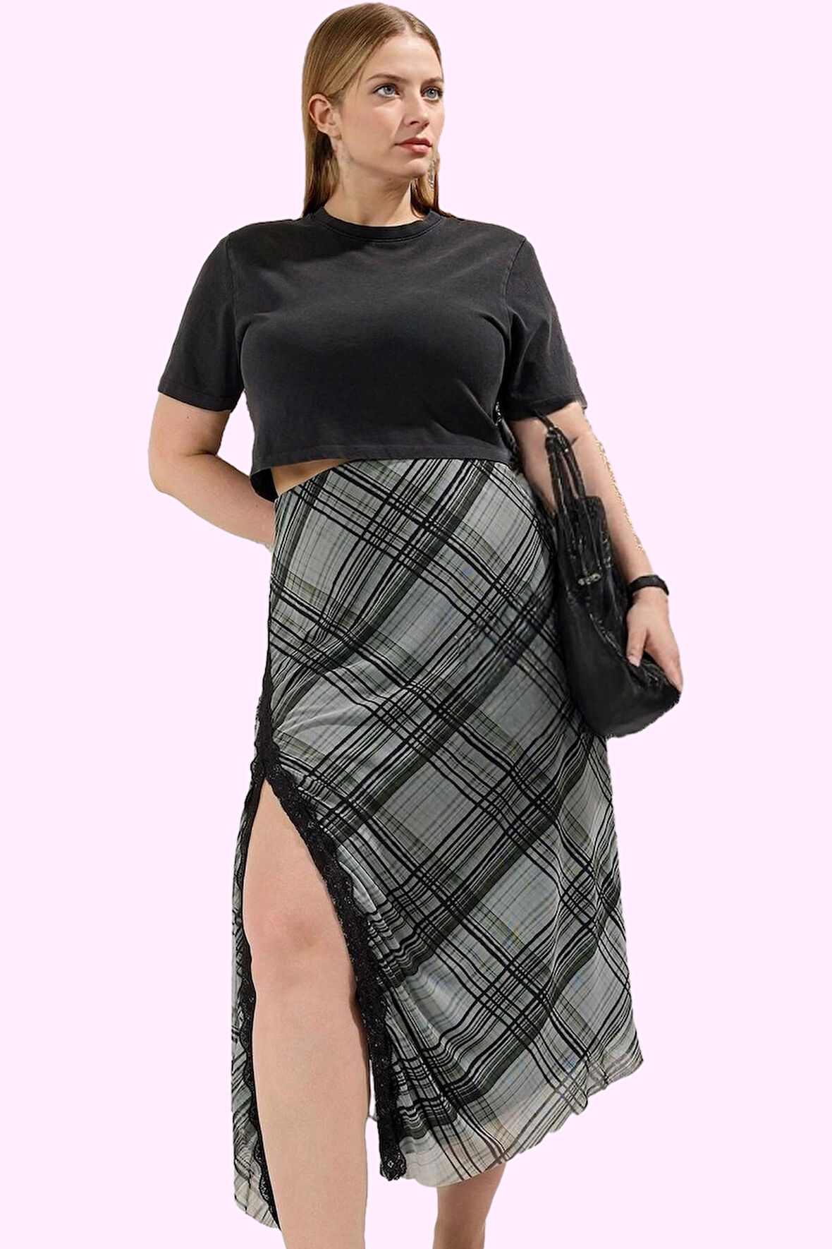 Kadın Büyük Beden Ekose Örme Etek Dantel Detay Casual Stil Günlük Kullanım Kaliteli Malzeme