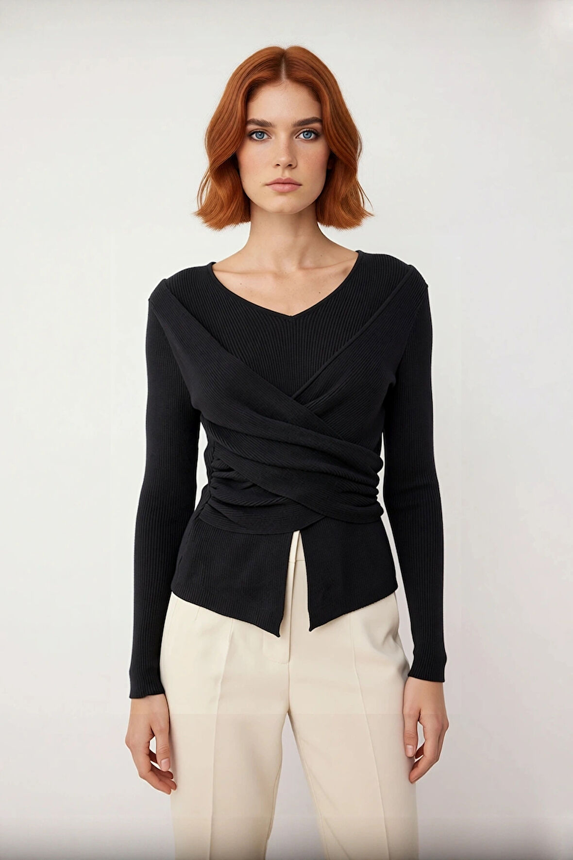 Kadınlara Özel Vücudu Saran Fitted Kesim Drape Örgü Triko Kazak İlkbahar Sonbahar Kombinleriniz