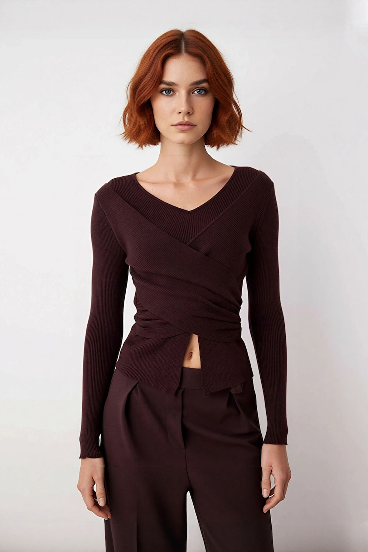 Kadınlara Özel Vücudu Saran Fitted Kesim Drape Örgü Triko Kazak İlkbahar Sonbahar Kombinleriniz