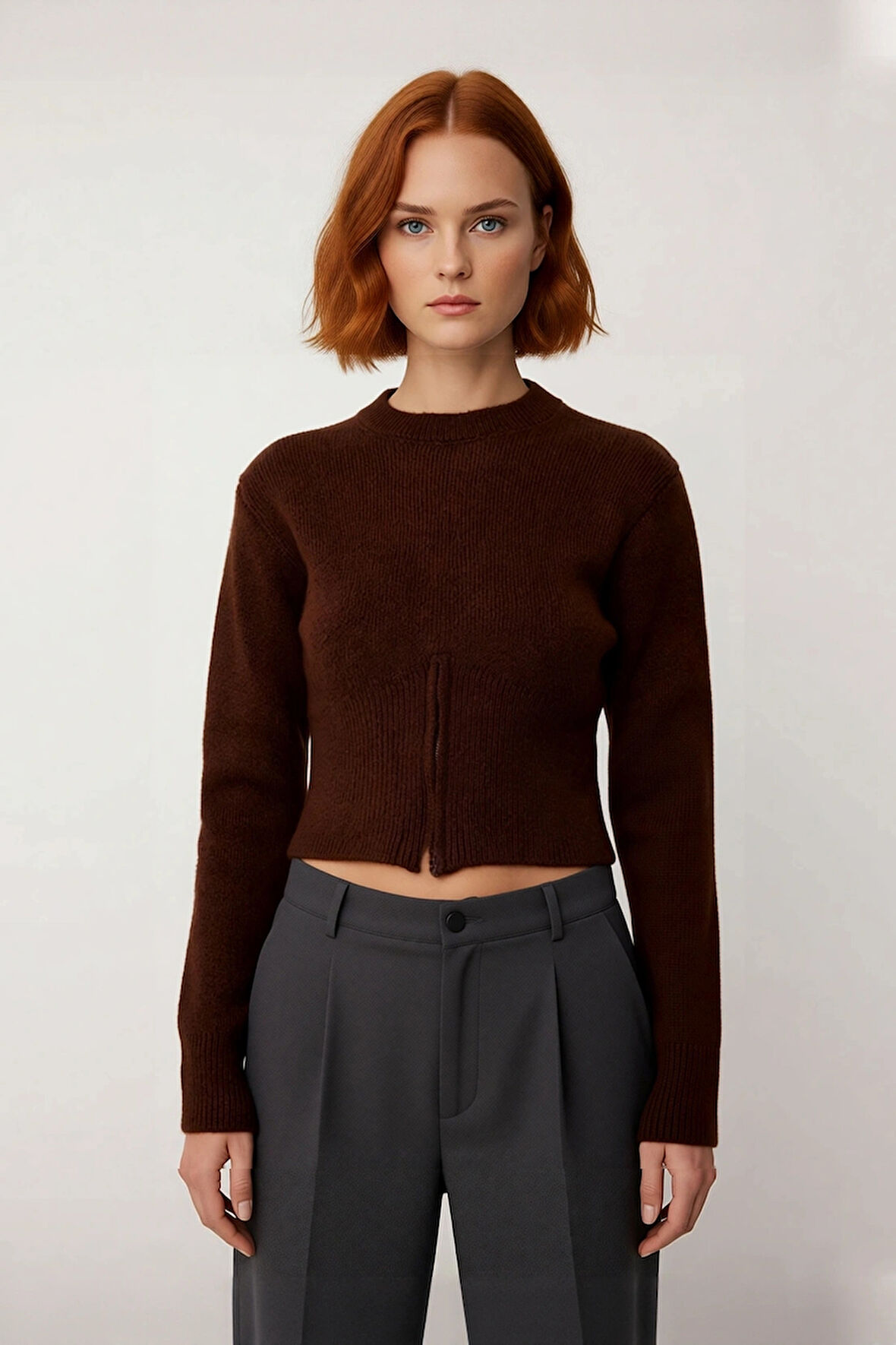 Kadınlara Özel Regular Kalıp Crop Boy Triko Bisiklet Yaka Fermuar Detaylı Düz Kalın Kazak Kaliteli