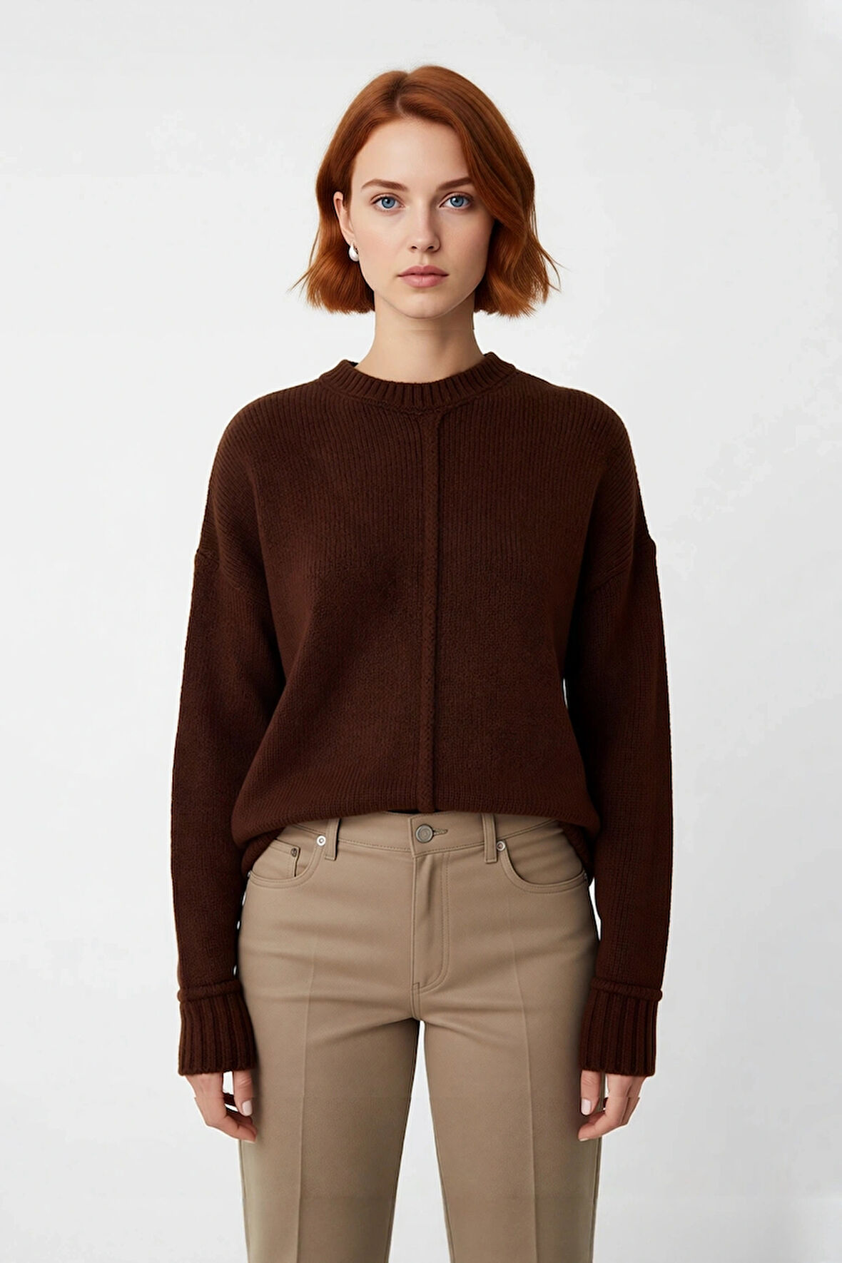 Kadın Gri Triko Oversize Bisiklet Yaka Düşük Kol Rahat Günlük Kış Kombinlerinin Vazgeçilmezi