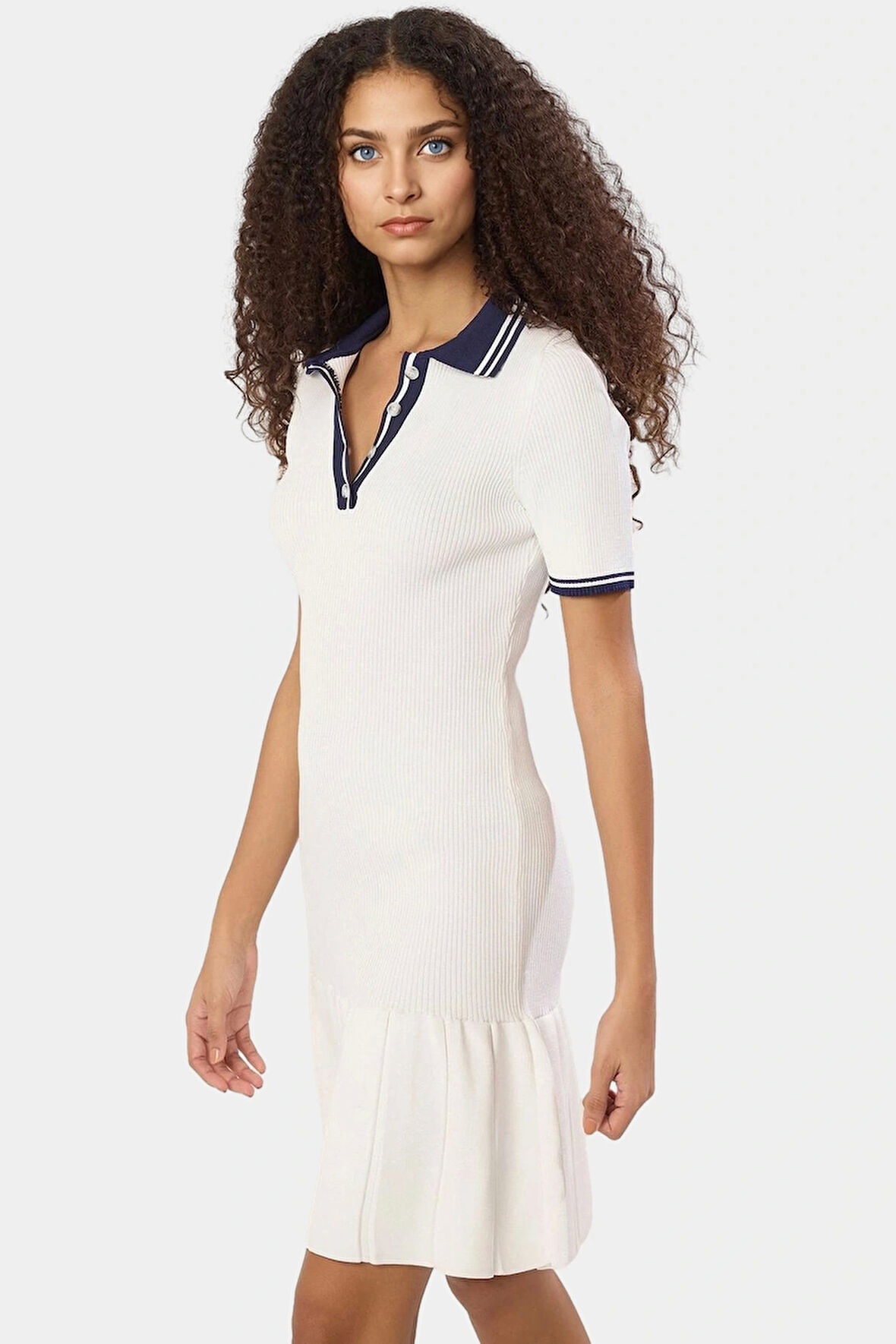 Rahat Triko Mini Elbise Polo Yaka Kısa Kol Bodycon Kaliteli İşçilik Seçkin Malzeme