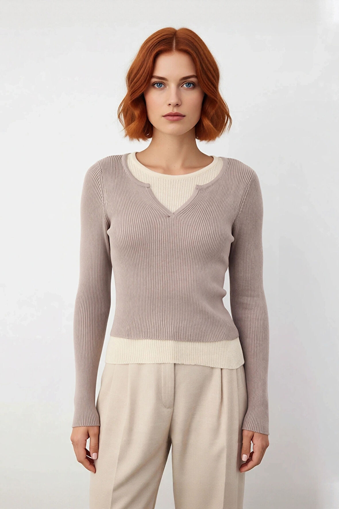 Şık Kadın Fitted Kesim Uzun Kollu Triko Kazak Renk Bloklu Basic Siluet Kış Sonbahar Kombinlerinin