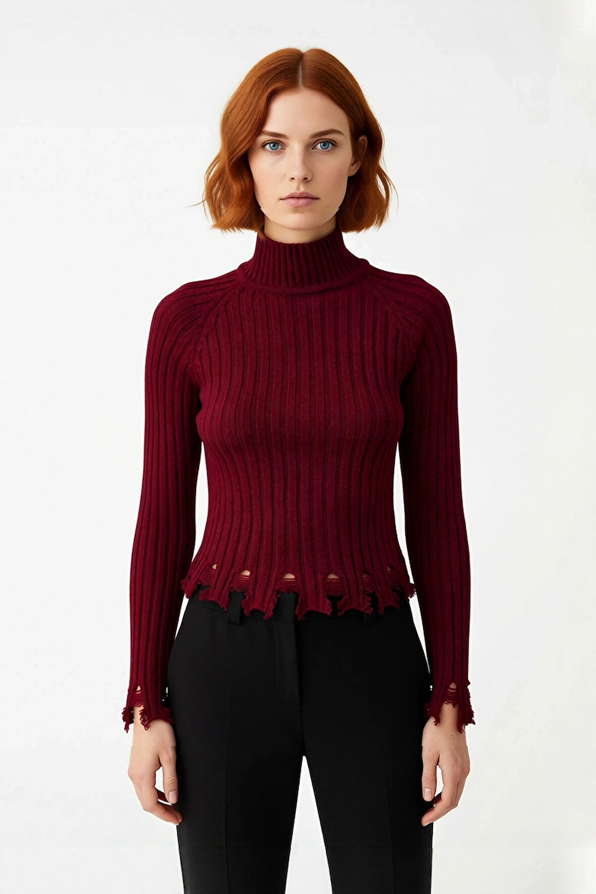 Kadınlara Özel Fitted Kesimli Crop Dik Yaka Uzun Kollu Fitilli Triko Kazak Günlük Stil İçin