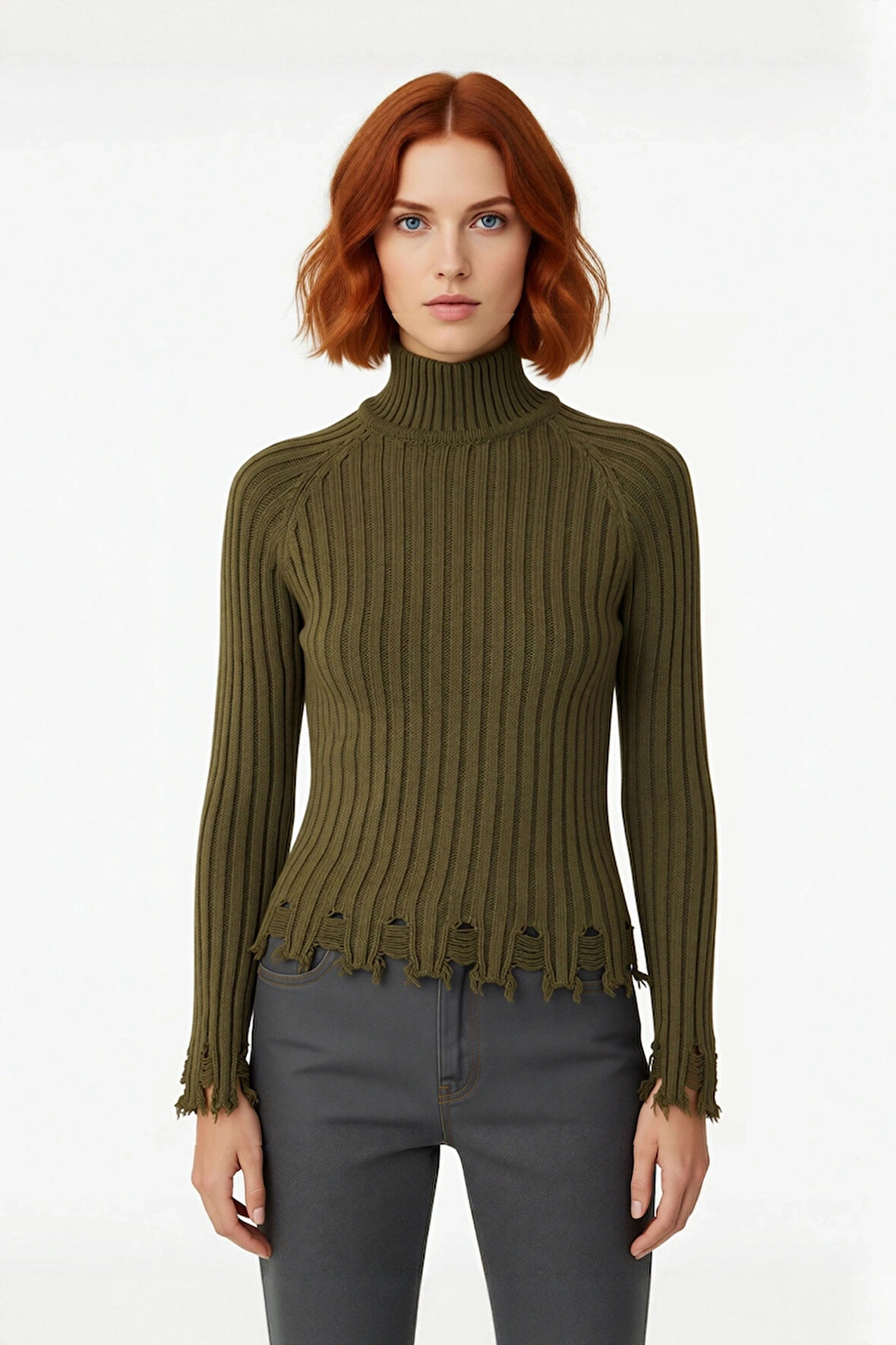 Kadınlara Özel Fitted Kesimli Crop Dik Yaka Uzun Kollu Fitilli Triko Kazak Günlük Stil İçin