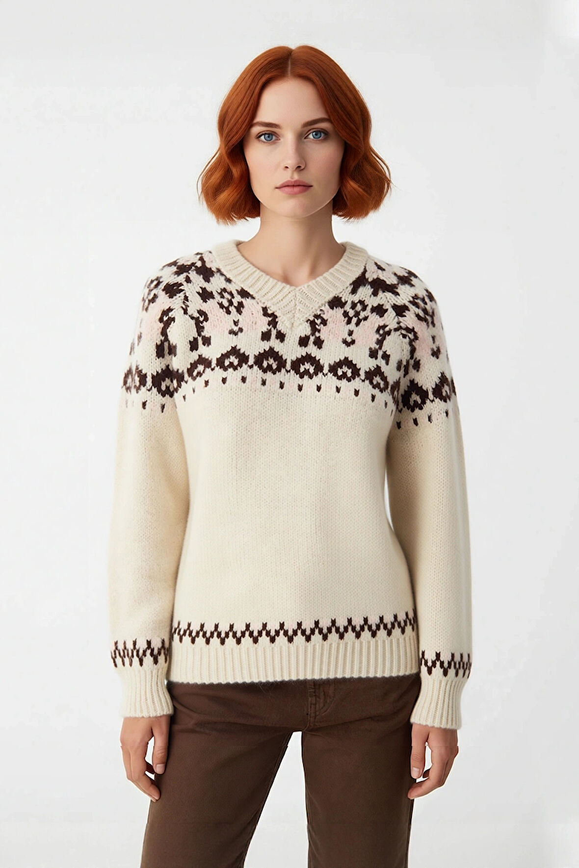 Kadın Geniş Kalıp V Yaka Etnik Desenli Reglan Kol Triko Kazak Günlük Konforlu Şık Kombinler