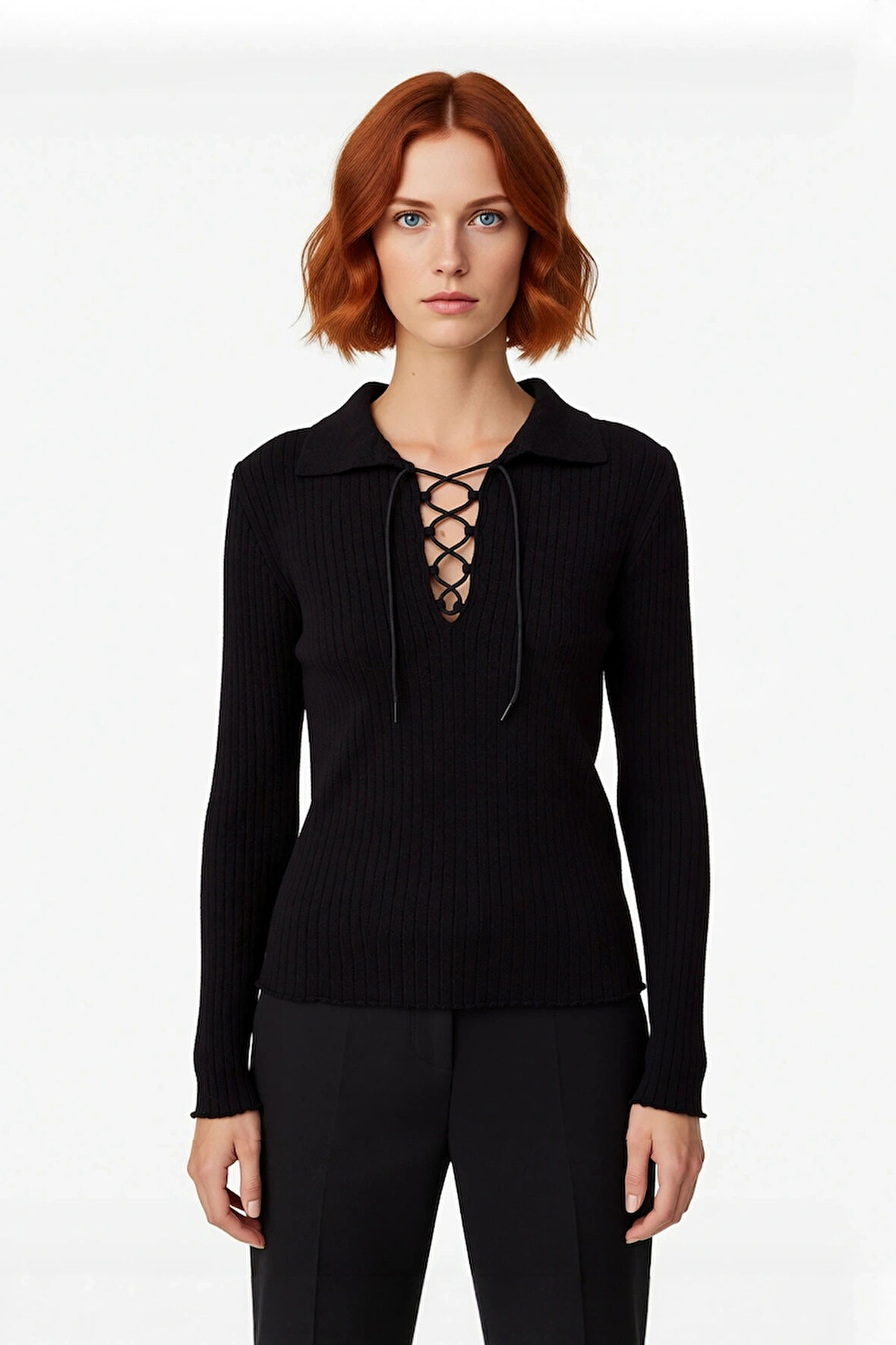 Kadın Siyah Fitilli Triko Üst Fitted Kesim Polo Yaka Bağlamalı Günlük Şık Kombinler İçin İdeal