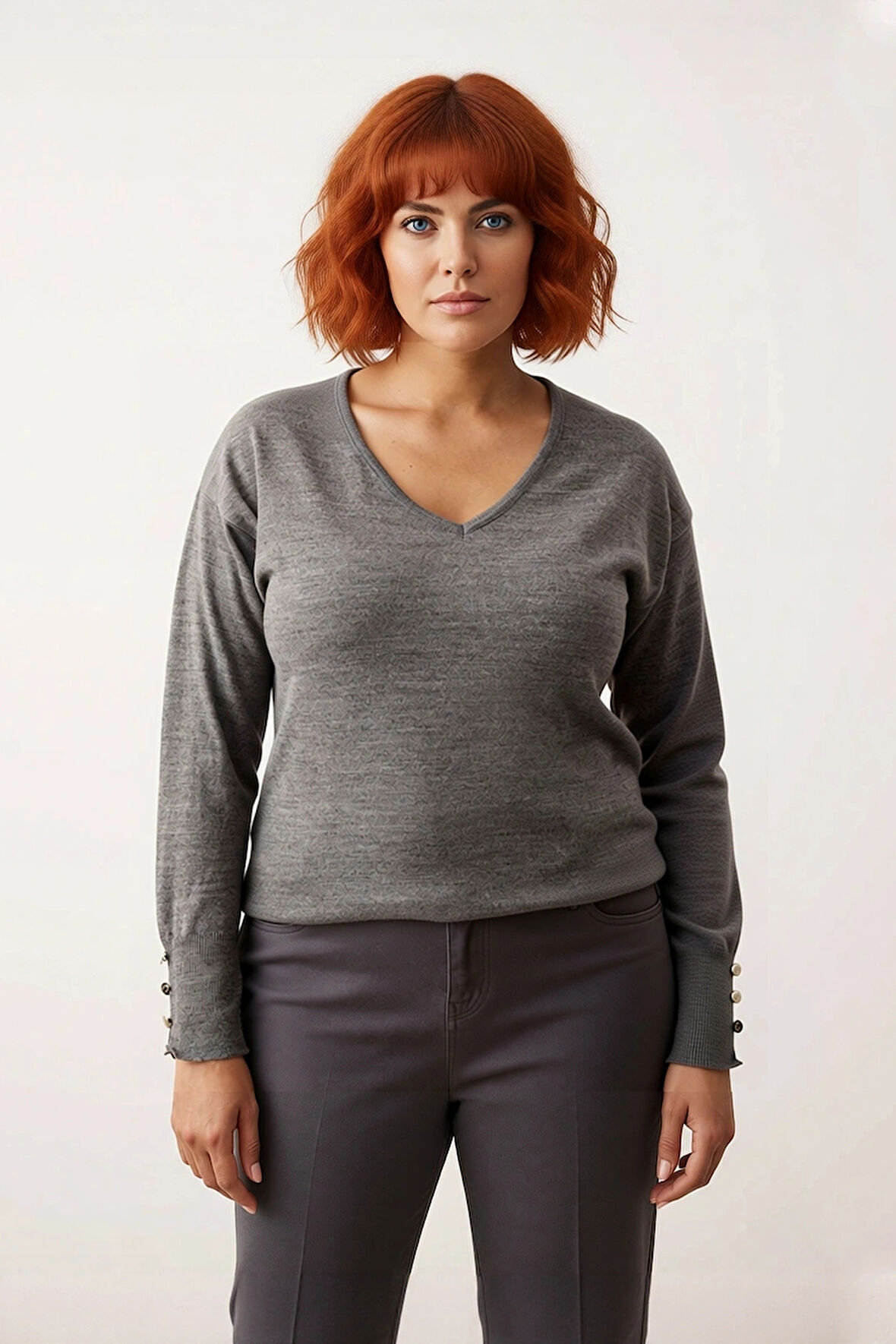 Kadın Düz Desen Regular Kalıp Triko V Yaka Kazak Uzun Kollu Ve Şık Düğme Detayları İle Kaliteli