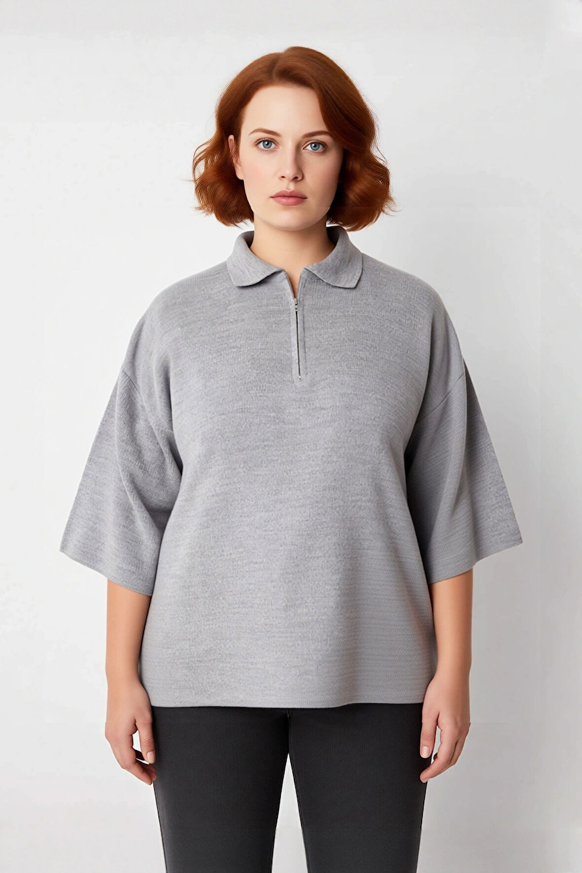Kadın Büyük Beden Relaxed Kalıp Polo Yaka Fermuarlı Düşük Omuz Truvakar Kol Triko Kazak Kaliteli