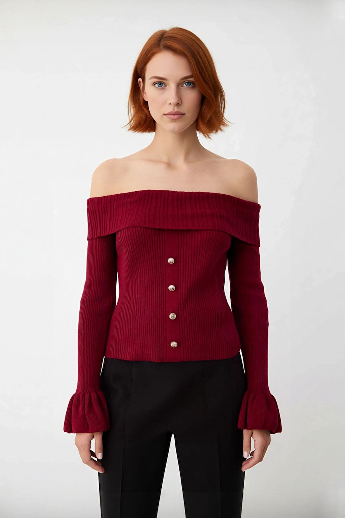 Kadın Fitted Bordo Akrilik Triko Kazak Omuzları Açık Uzun Kollu Fitilli Dokuma Gündüz Gece