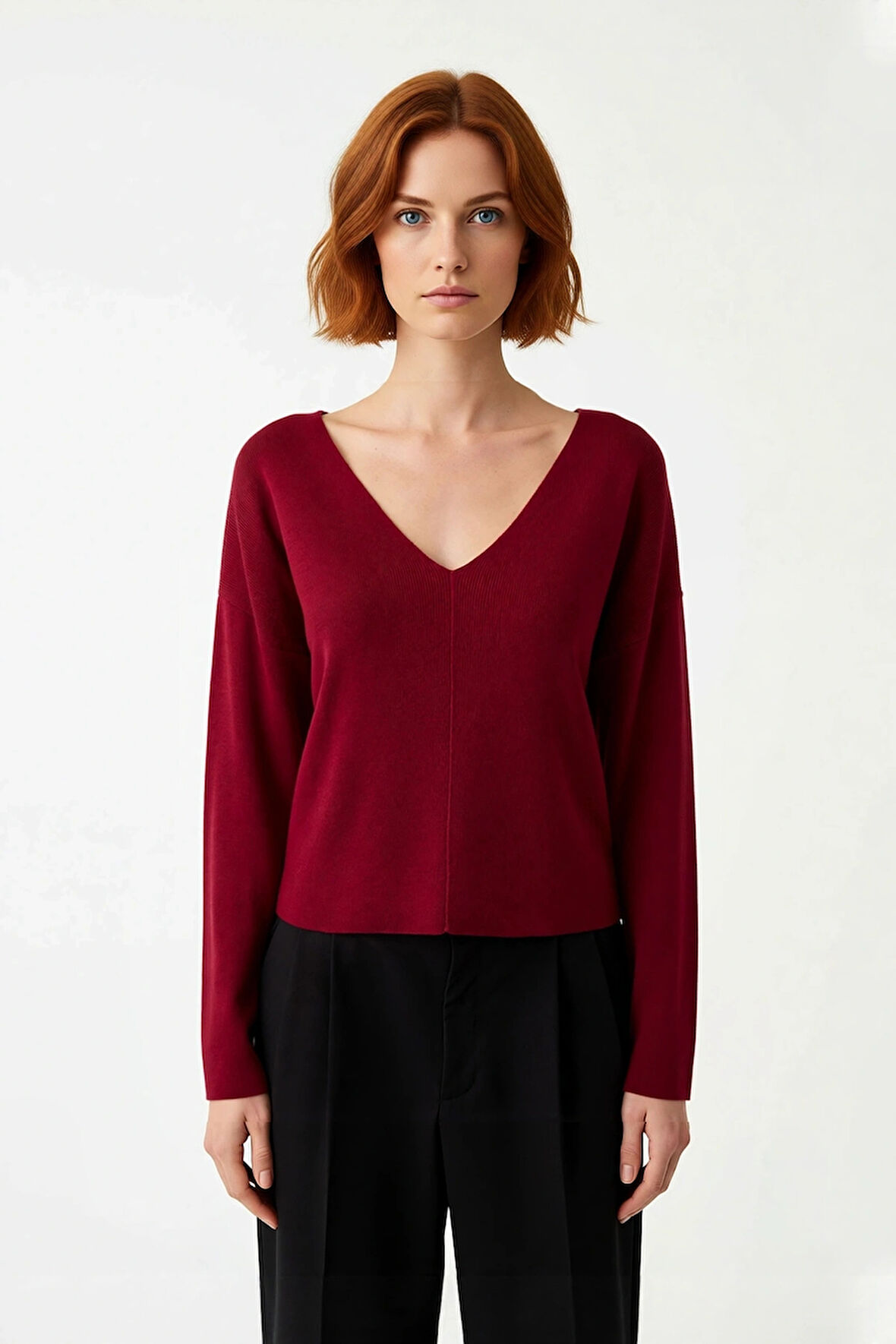 Kadın V Yaka Triko Kazak Düz Desen Regular Kalıp Korse Dikiş Detayı Uzun Kol Gündüz Gece Kaliteli