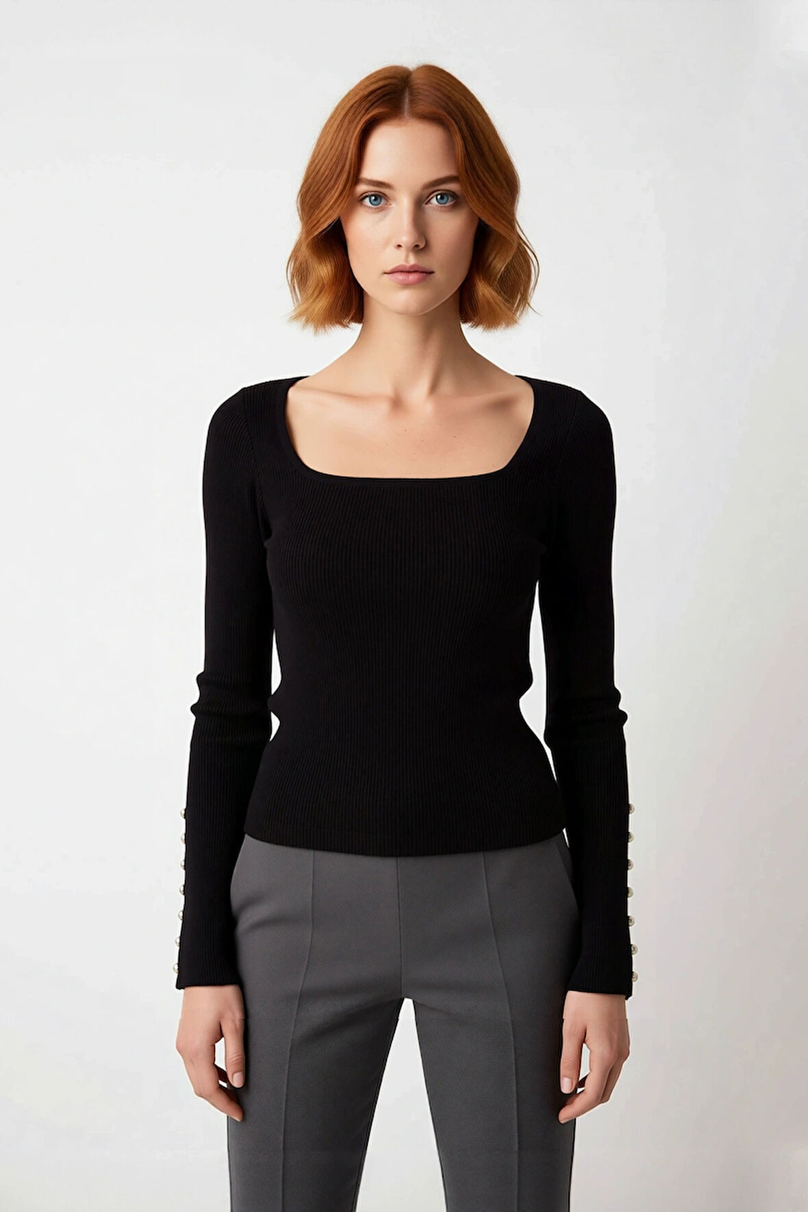 Kadın Fitted Kare Yaka Düğme Detaylı İspanyol Kol Fitilli Triko Kazak Yeni Sezon Şıklığı Kaliteli