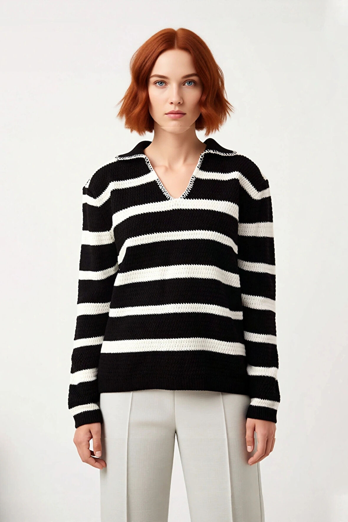 Kadın Uzun Kollu Rahat Kalıp Çizgili Triko Kazak Polo Yaka Detaylı Soğuk Günler İçin İdeal