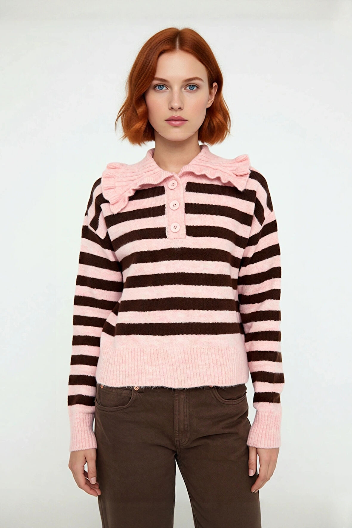 Kadın Orta Kalınlıkta Devrik Yaka Çizgili Düşük Kollu Triko Kışlık Crop Kazak Günlük Şıklık