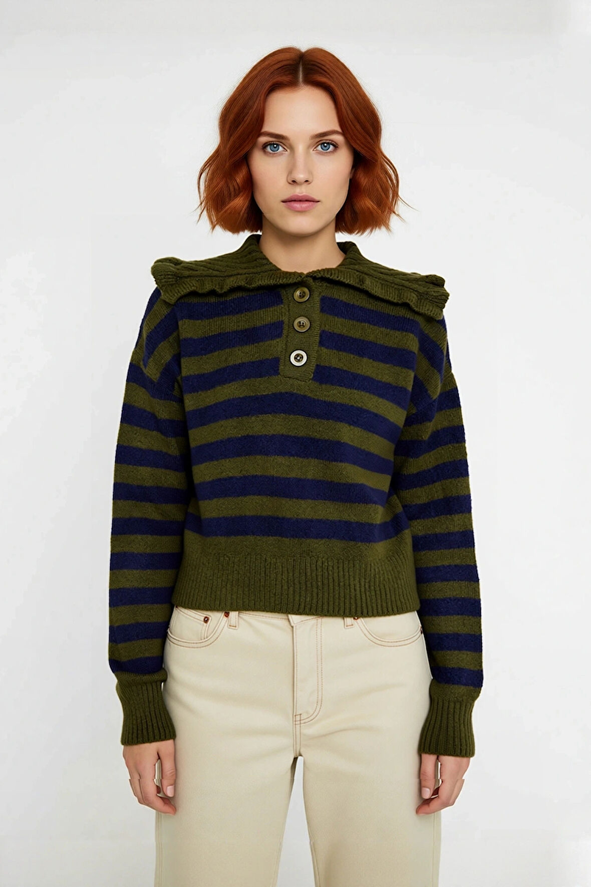 Kadın Orta Kalınlıkta Devrik Yaka Çizgili Düşük Kollu Triko Kışlık Crop Kazak Günlük Şıklık