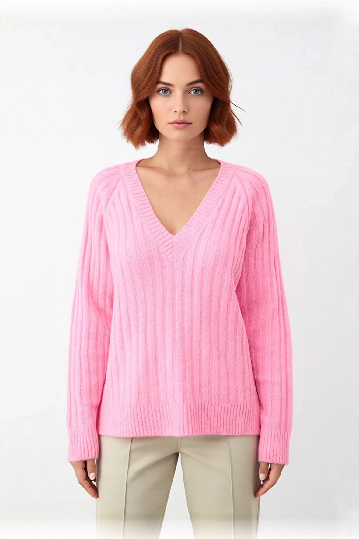 Kadın Uzun Boy Orta Kalınlık Fitilli Triko Kazak V Yaka Reglan Kol Soğuk Havalarda Ideal Seçim