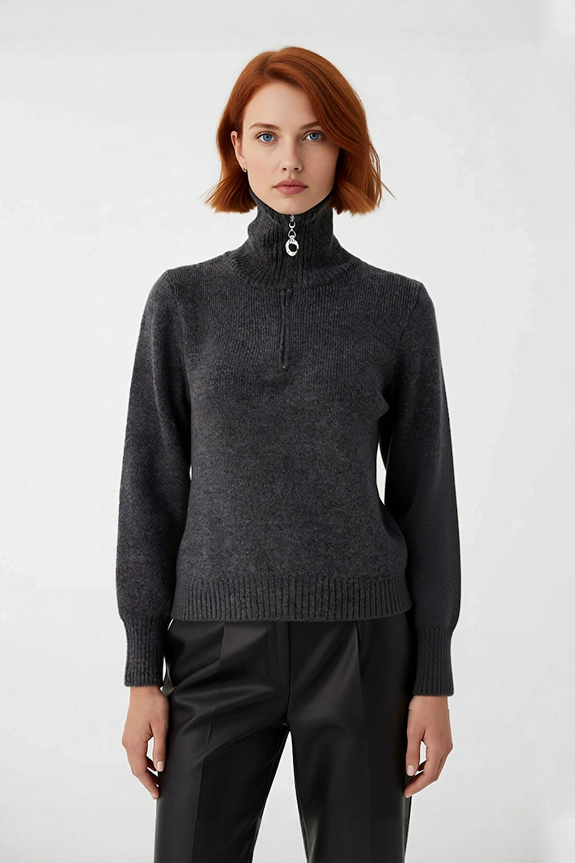 Kadın Konforlu Selanik Dokuma Fermuarlı Dik Yaka Triko Kazak Günlük Kış Stilinize Fark Katın