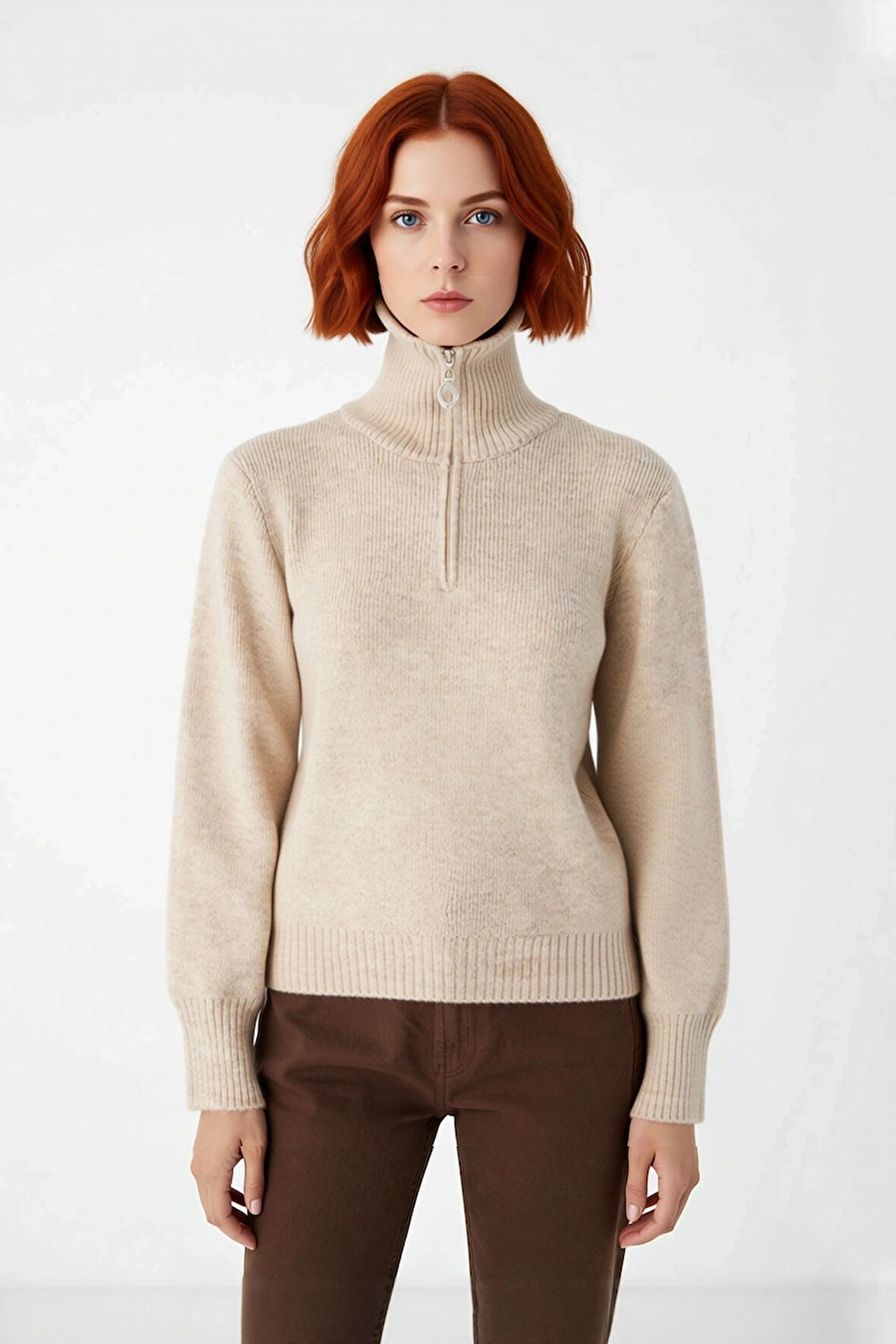 Kadın Konforlu Selanik Dokuma Fermuarlı Dik Yaka Triko Kazak Günlük Kış Stilinize Fark Katın