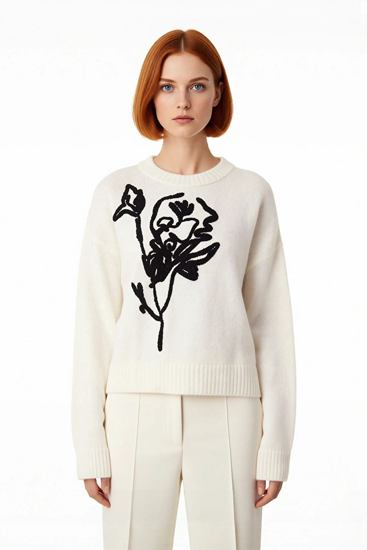 Kadın Günlük Rahat Cool Comfort Triko Kazak Nakış Desenli Oversize Bisiklet Yaka Stili Kaliteli