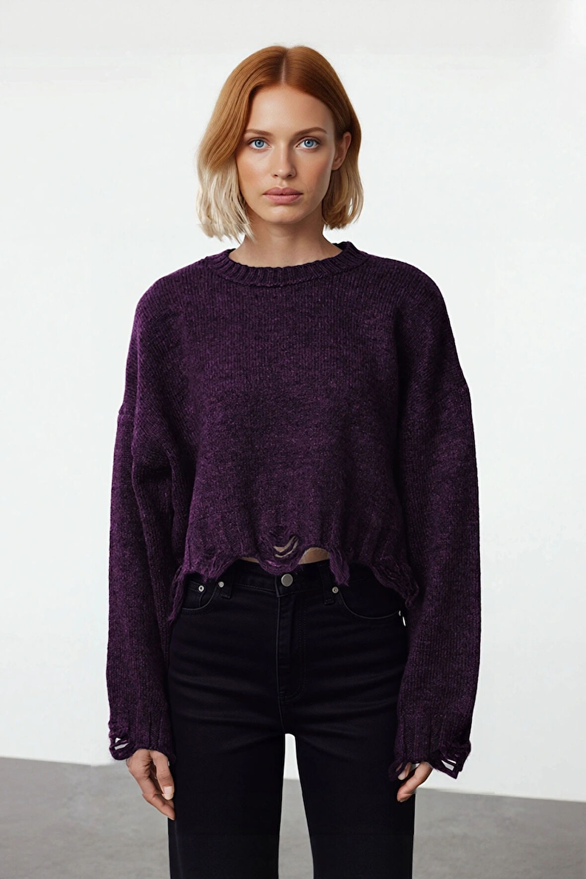 Kadın Casual Crop Oversize Bisiklet Yaka Triko Kazak Düşük Kol Akıtma Detaylı Konforlu Şık