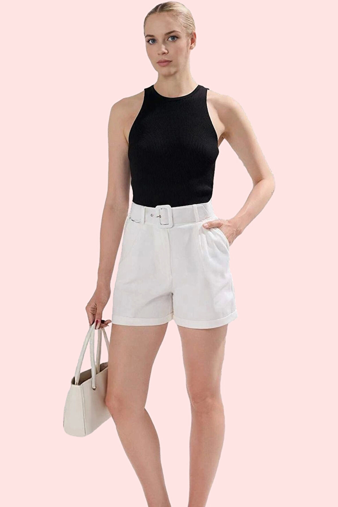 Kadın Pamuk Gabardin Straight Şort; Yüksek Bel Çift Cep Kısa Boy Günlük Kombinler Hafta Sonu