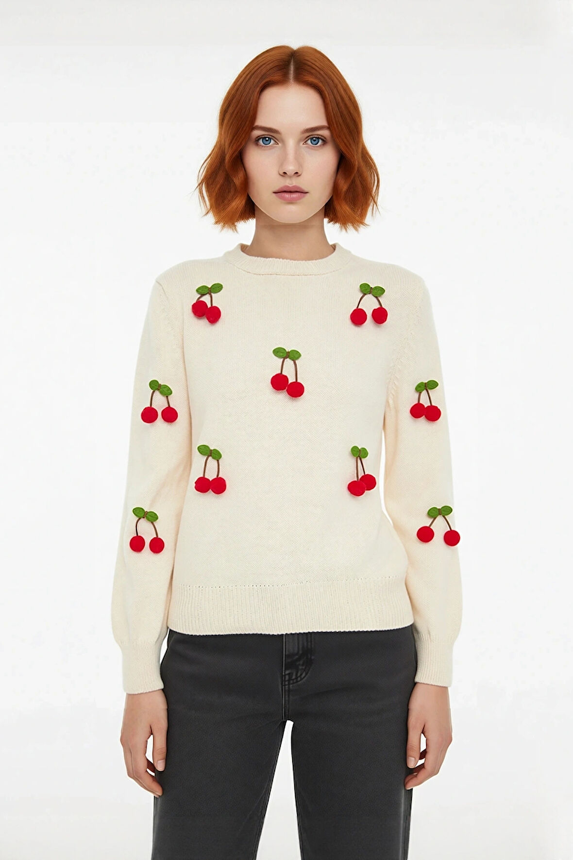 Kadın Akrilik Triko Bisiklet Yaka Nakışlı Uzun Kollu Regular Kazak Kış Günleri İçin Konforlu Stil