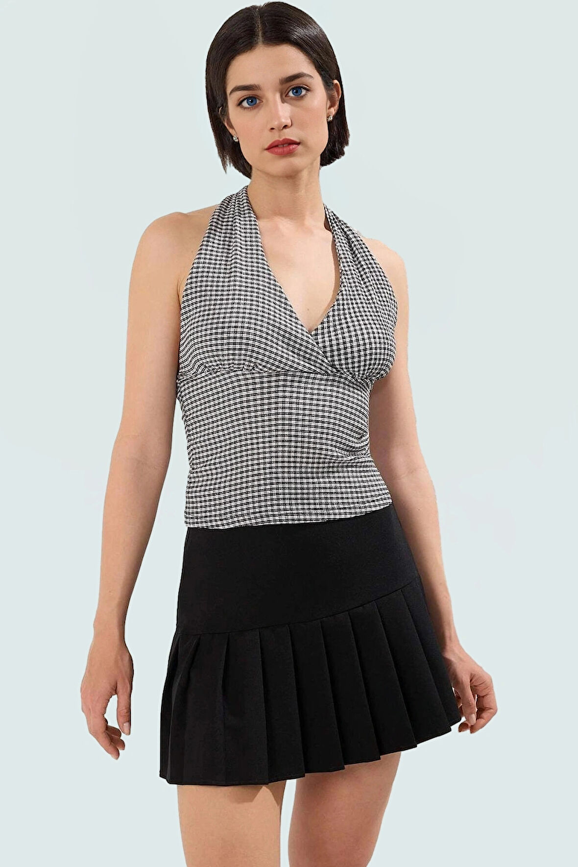 Fitted Örme Bluz Boyundan Bağlamalı Kareli Yazlık Rahat Trend Tasarım Mükemmel Uyum