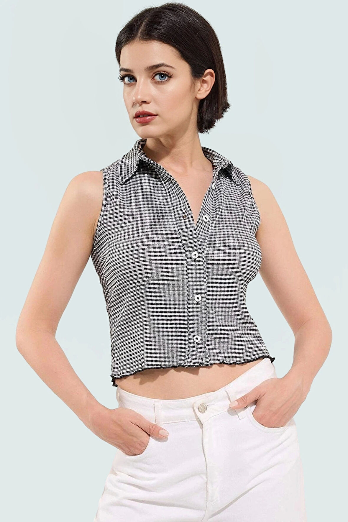 Kadın Kolsuz Fitted Örme Bluz Ekose Günlük Kombinler Kullanım İçin Özel Tasarım