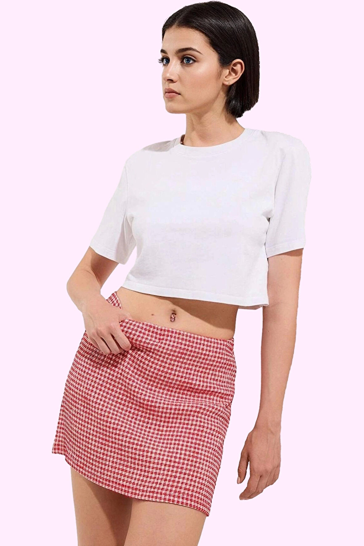 Kadın Slim Fit Kareli Mini Örme Etek Şort Detaylı Rahat Yazlık Günlük Kullanım Özel Günler