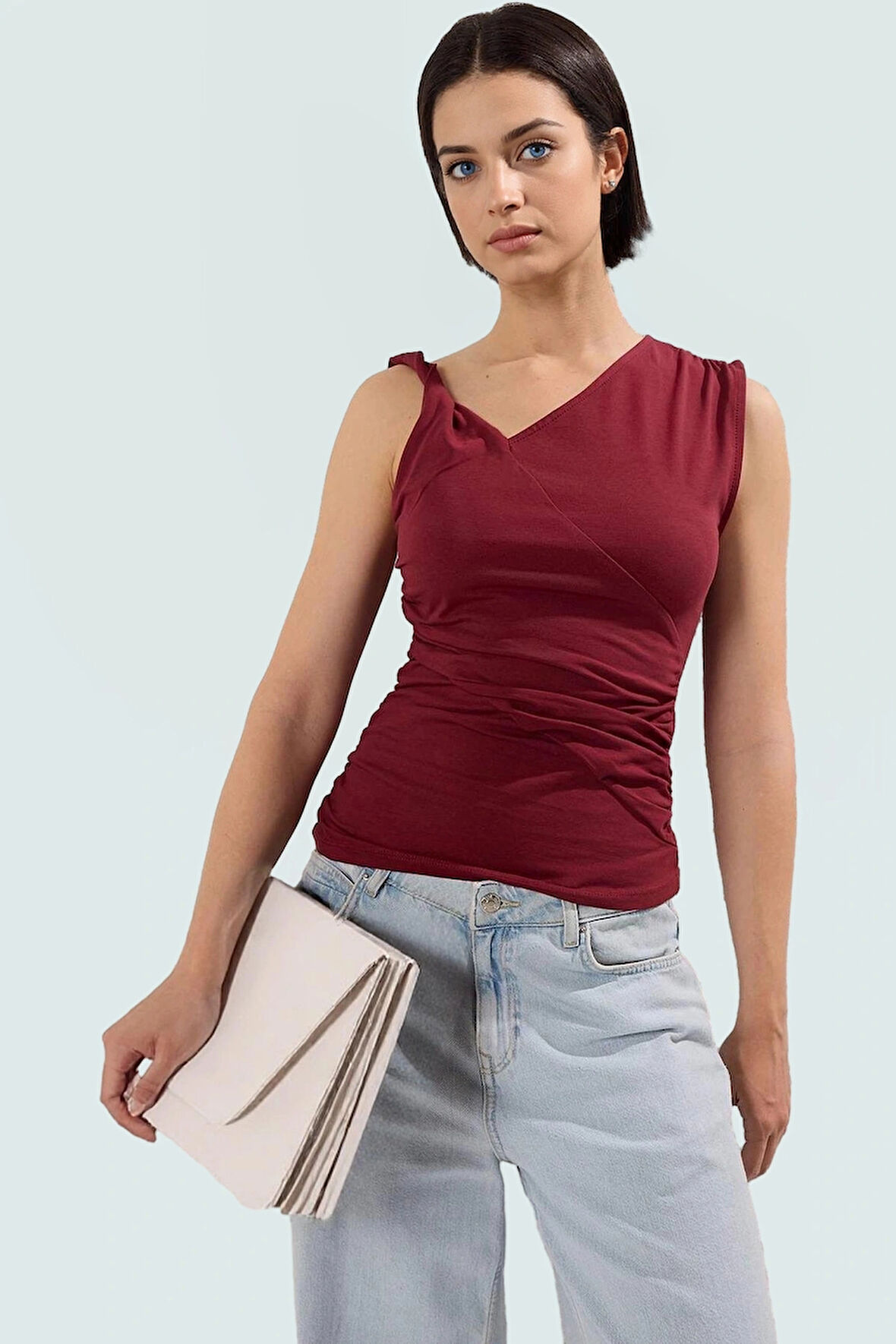 Pamuklu Elastanlı Bluz Asimetrik Yaka Büzgü Detay Rahat Kalıp Dayanıklı Malzeme