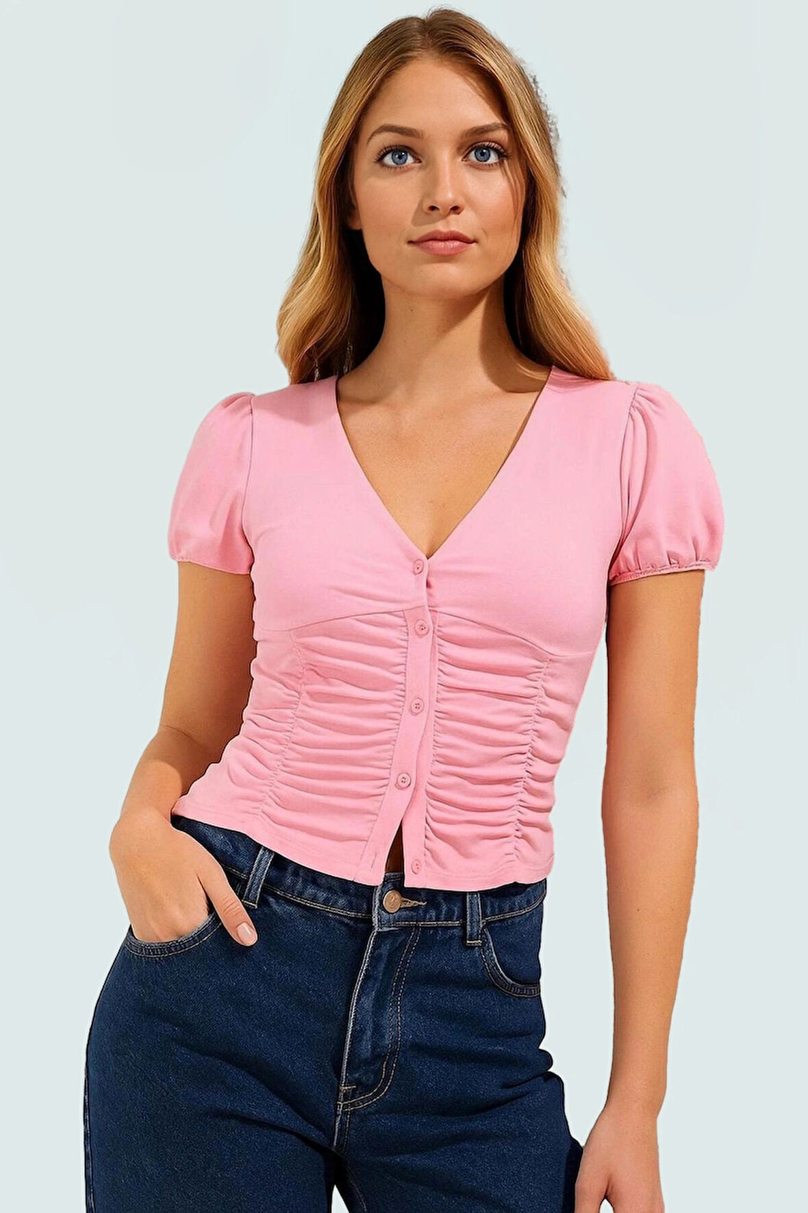 Kısa Kollu Pamuklu Elastanlı Bluz Vücut Şekillendirici V Yaka Rahat Ve Şık Kaliteli İşçilik