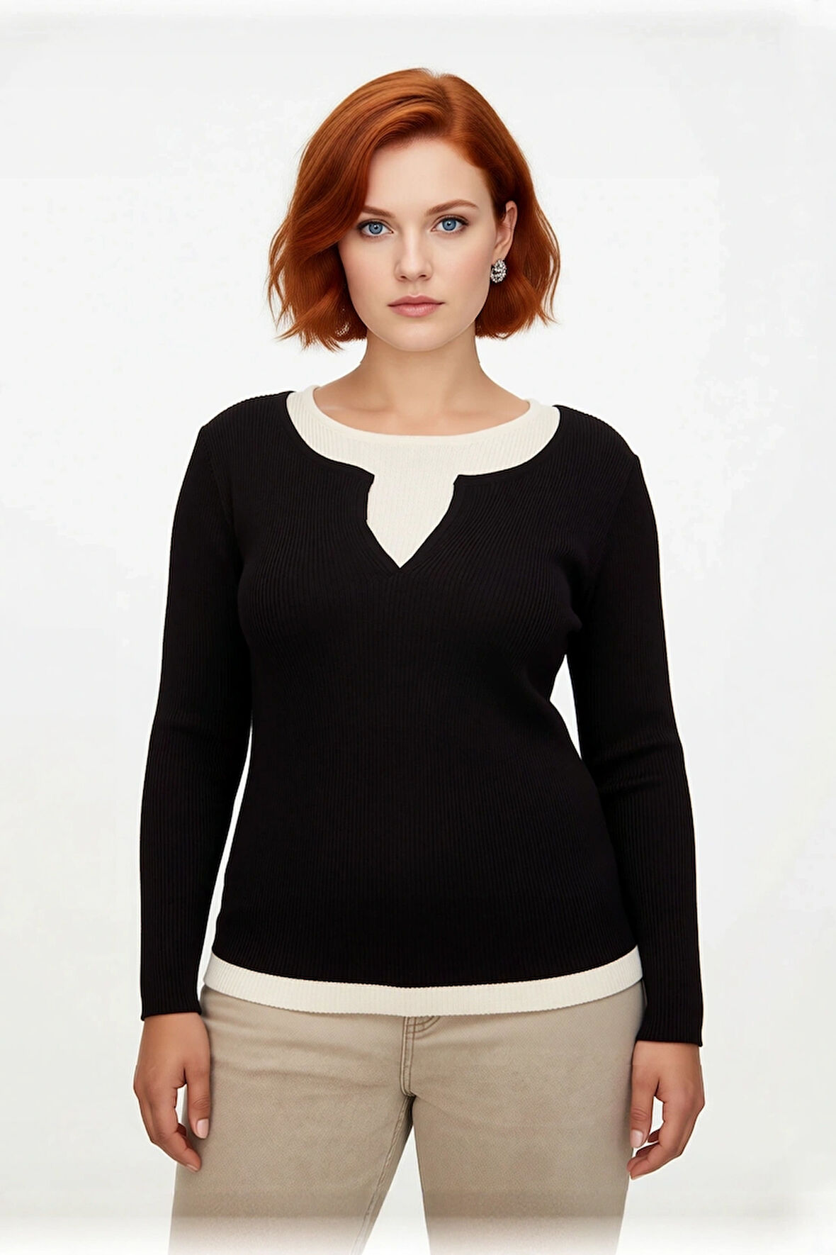 Kadın Fitted Fitilli Triko Kazak İnce Yapılı Polyester Çift Katman Görünümlü İlkbahar Sonbahar