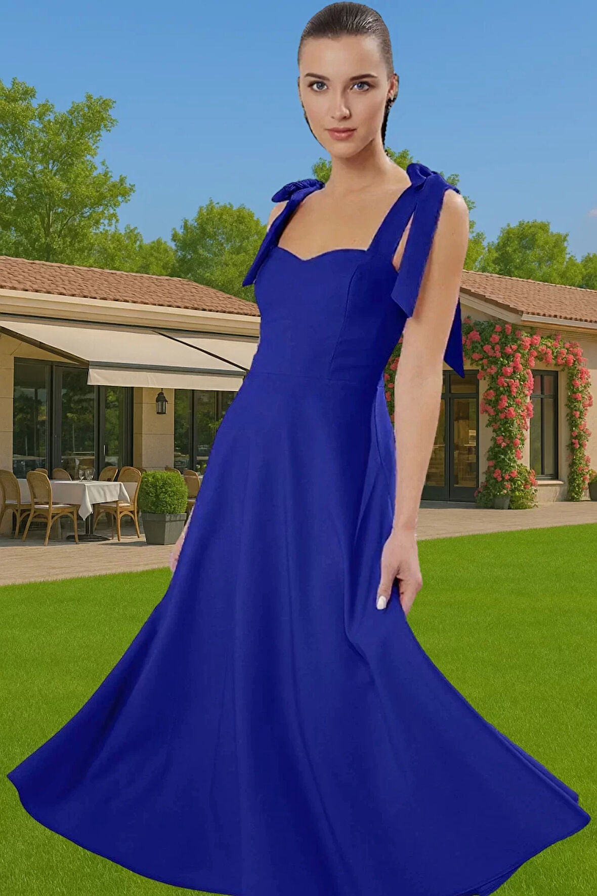 Feminen A Kesim Midi Abiye Elbise Polyester Elastan Dokuma Kumaştan Günlük Kullanım İçin