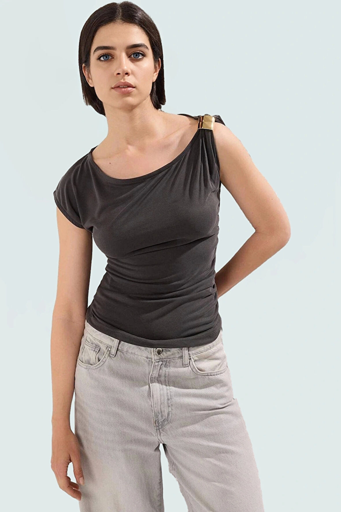 100 Modal Premium Örme Bluz Aksesuarlı Asimetrik Yaka Rahat Günlük Modern Stil