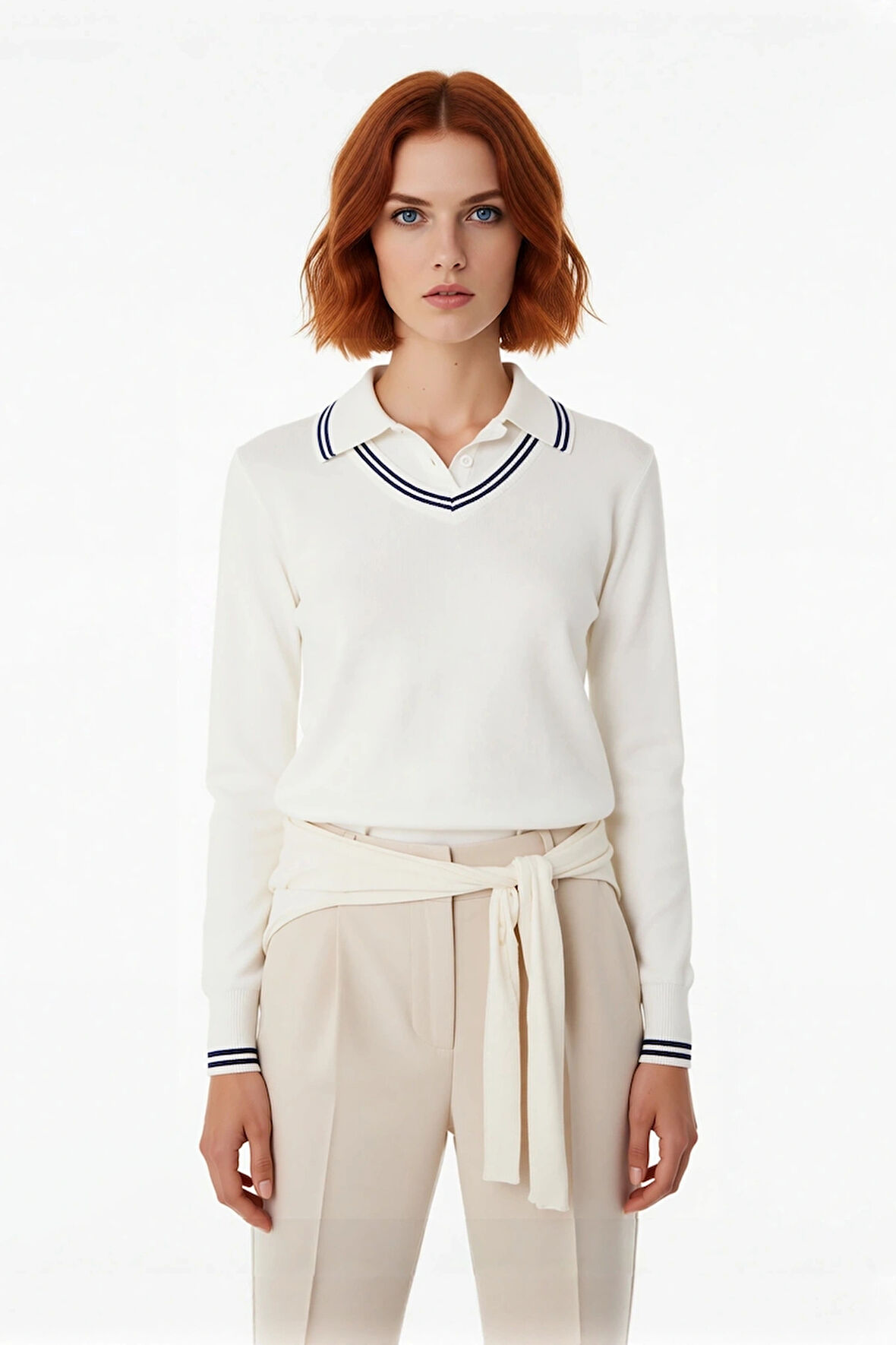 Kadınlar İçin İlkbahar Sonbahar Polo Yaka Triko Kazak Renk Bloklu İnce Yapı Rahat Kesim Kaliteli