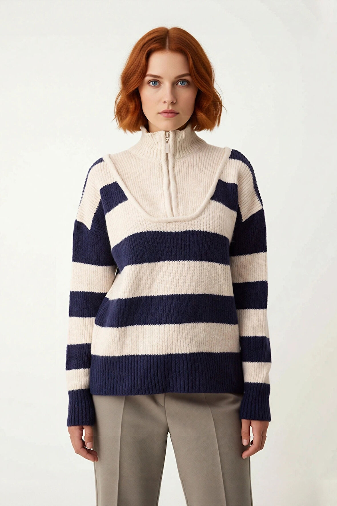 Kadın Oversize Dik Yaka Fermuarlı Çizgili Kalın Triko Kazak Kış Günleri İçin Konforlu Stil