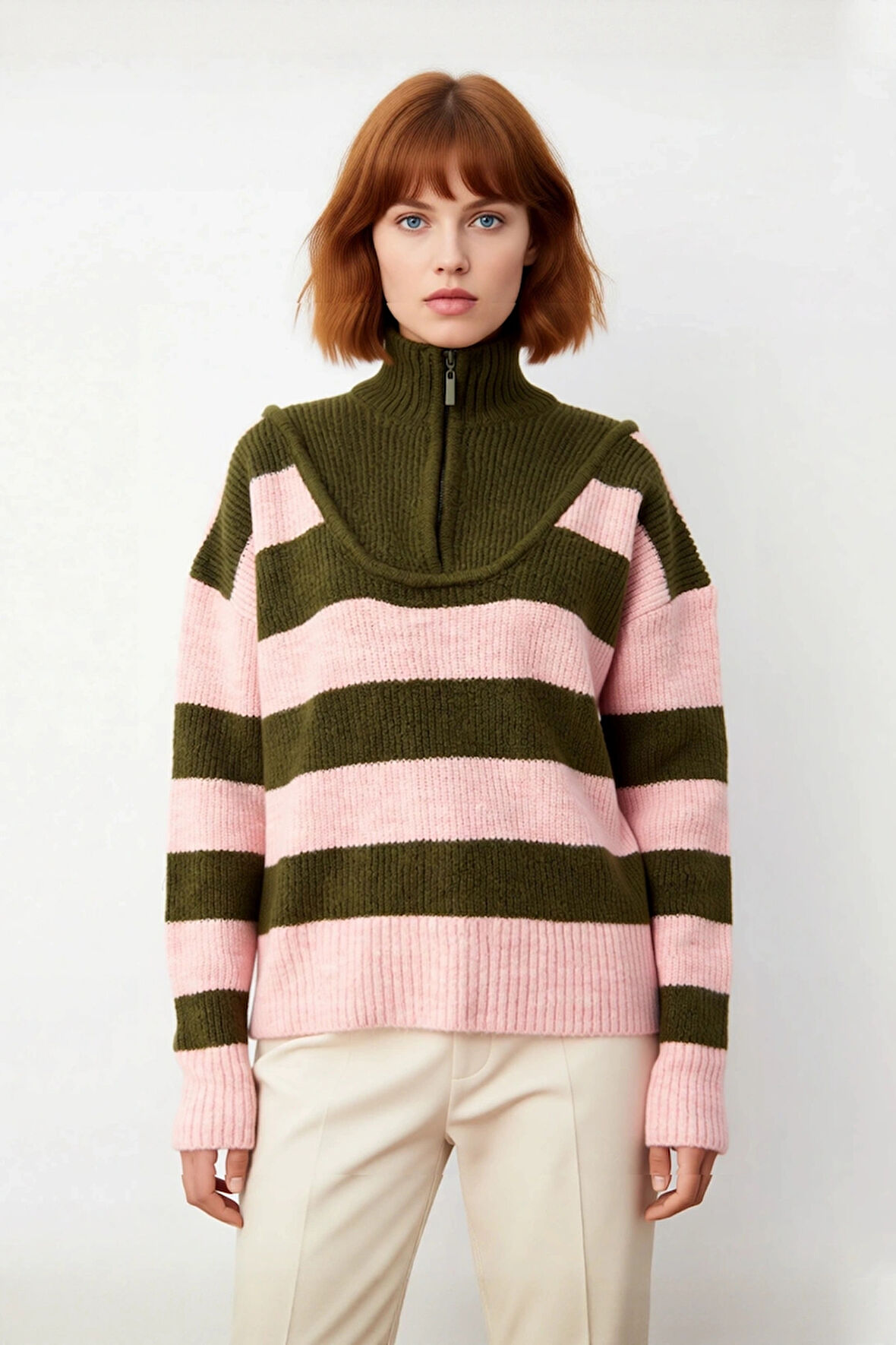 Kadın Oversize Dik Yaka Fermuarlı Çizgili Kalın Triko Kazak Kış Günleri İçin Konforlu Stil