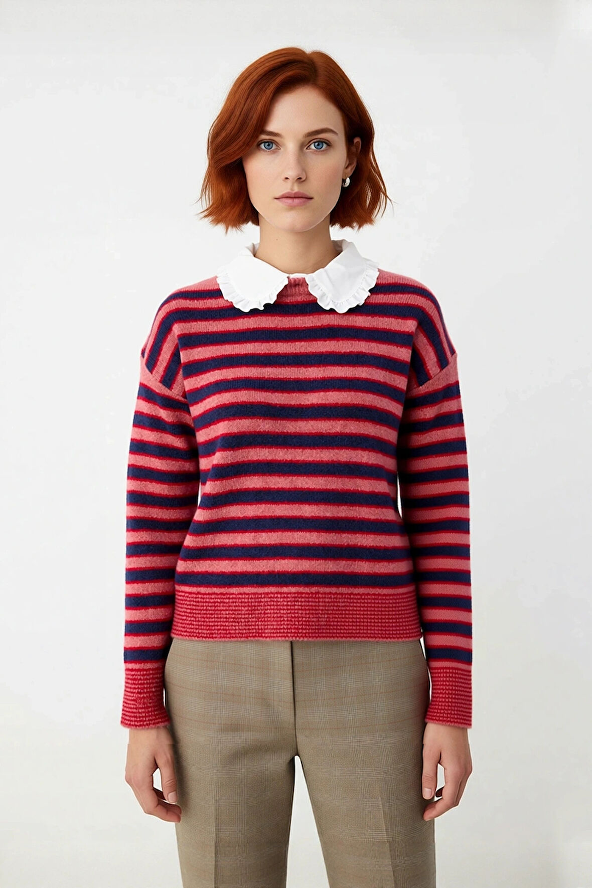 Kadın Renk Bloklu Kalın Triko Kazak Kış Sezonu İçin Çıkarılabilir Yaka Düşük Kol Rahat Giyim