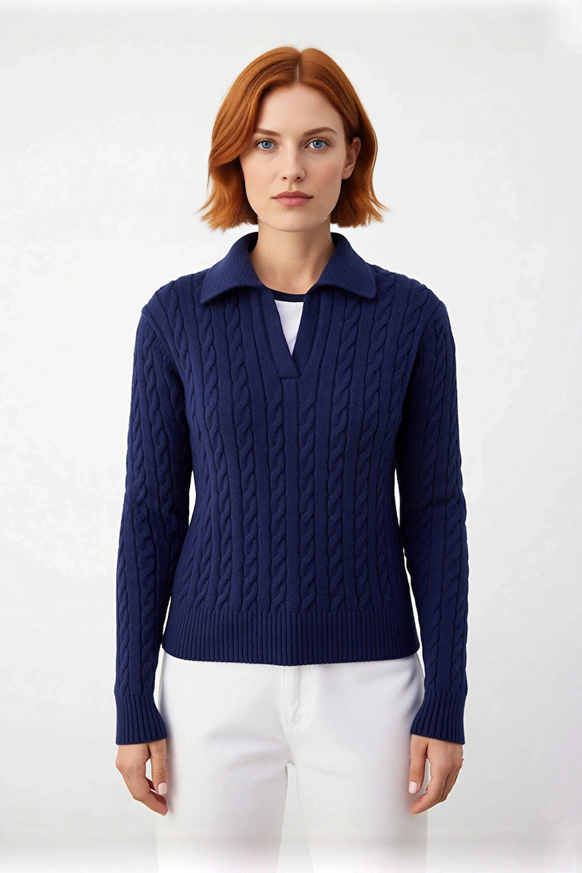 Soğuk Havalara Özel Kadın Regular Kalıp Saç Örgüsü Polo Yaka Triko Kazak Rahat Şıklık Kaliteli