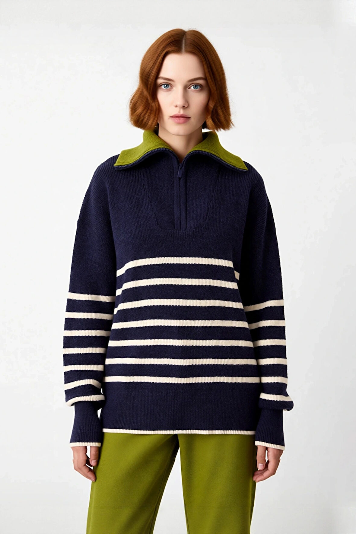 Kadın Geniş Kalıp Çizgili Yarım Fermuarlı Triko Kazak Düşük Kollu Kış Şıklığı Kaliteli Şık