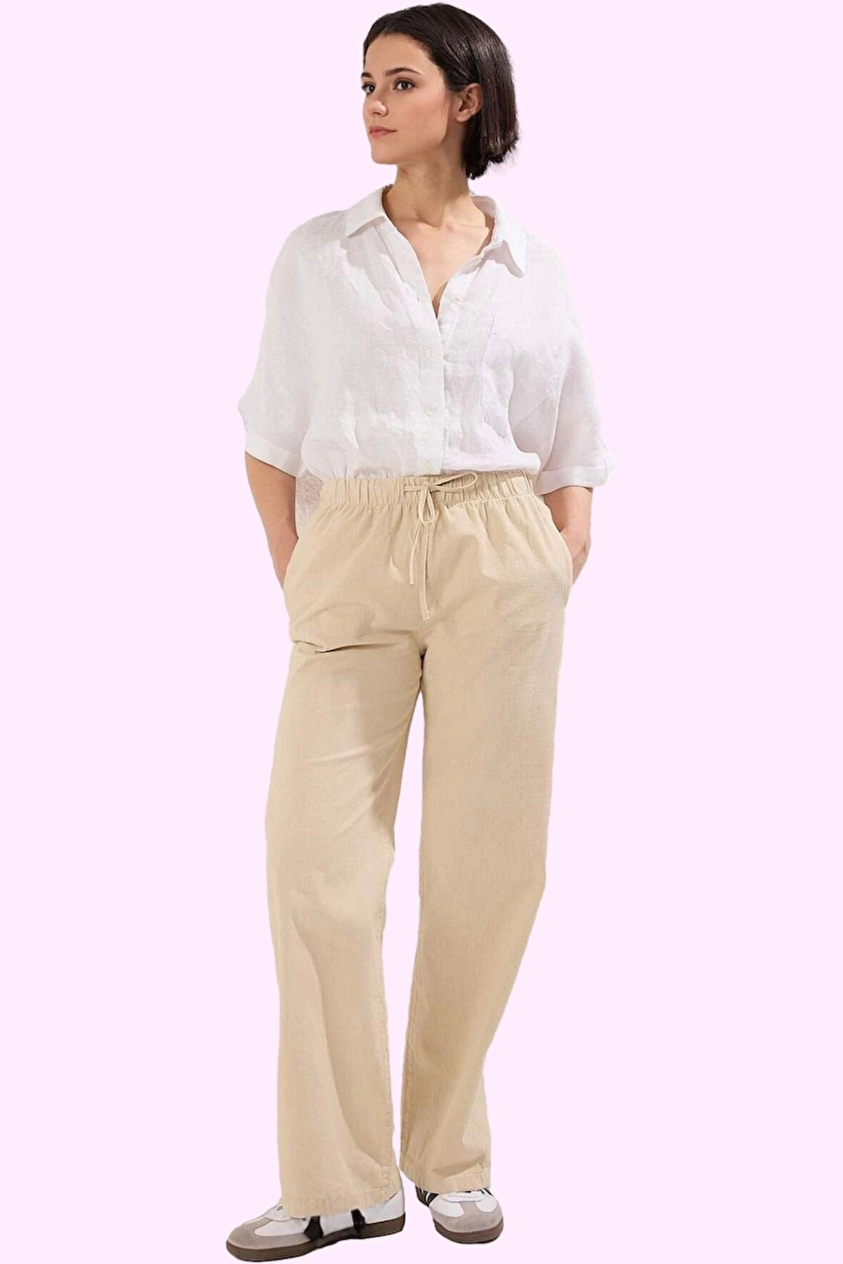 Kadın Düz Desen Wide Leg Pantolon Yüksek Bel Rahat Günlük Stil Hafta Sonu Kaliteli Malzeme